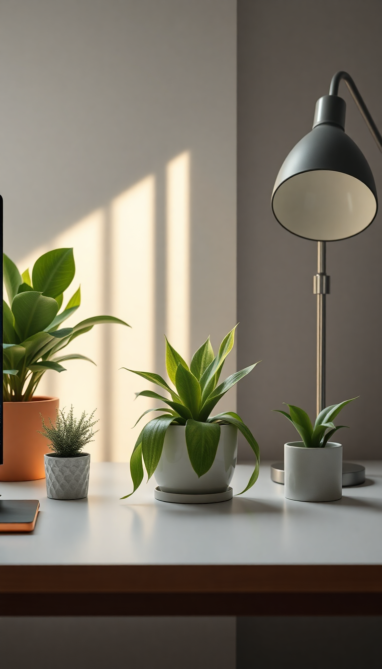 Minimalist Desk Setup Plants Morning Photorealistic Wallpaper