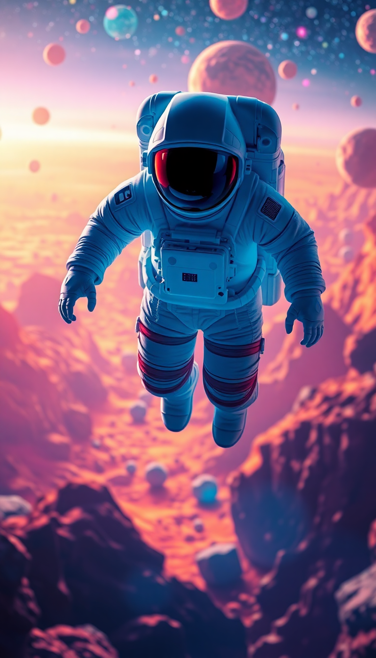 Astronaut Floating Through Colorful Asteroid Digital art Wallpaper