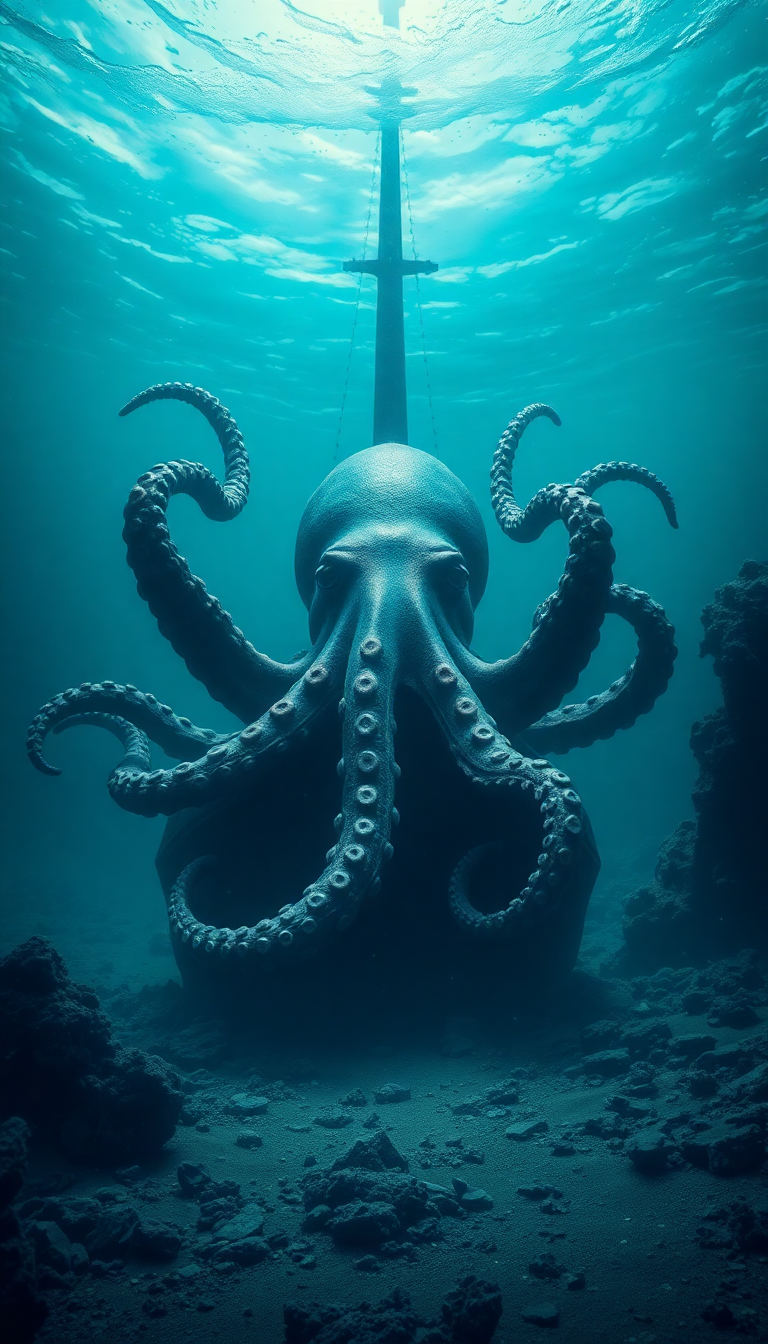 Giant Octopus Shipwreck Deep Ocean Digital art Wallpaper