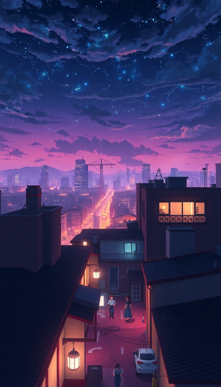 Rooftop At Night City Lights Anime Wallpaper
