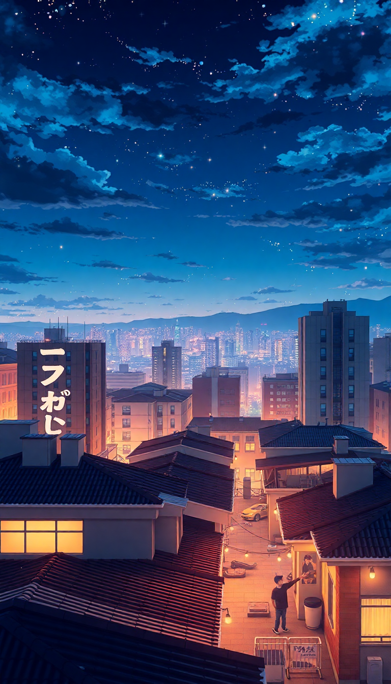 Rooftop At Night City Lights Anime Wallpaper