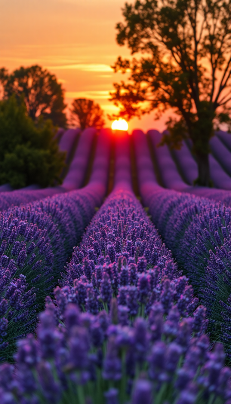 Lavender Fields Provence Sunset Golden Photorealistic Wallpaper