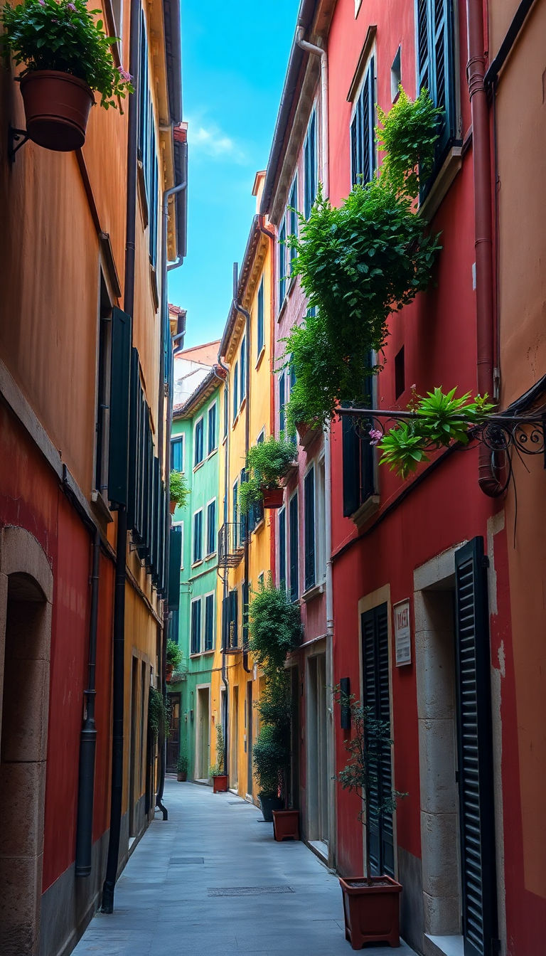 Narrow Italian Alley Colorful Buildings Photorealistic Wallpaper