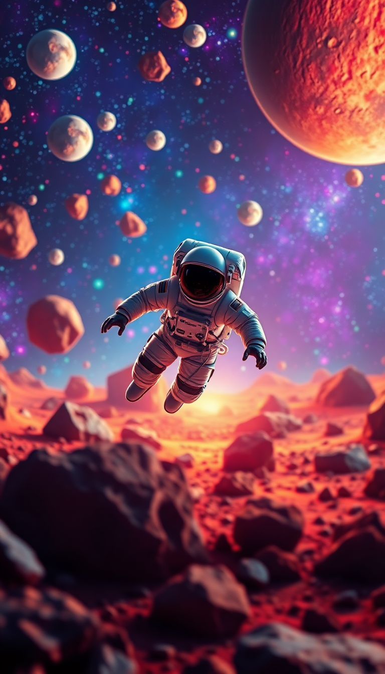 Astronaut Floating Through Colorful Asteroid Digital art Wallpaper