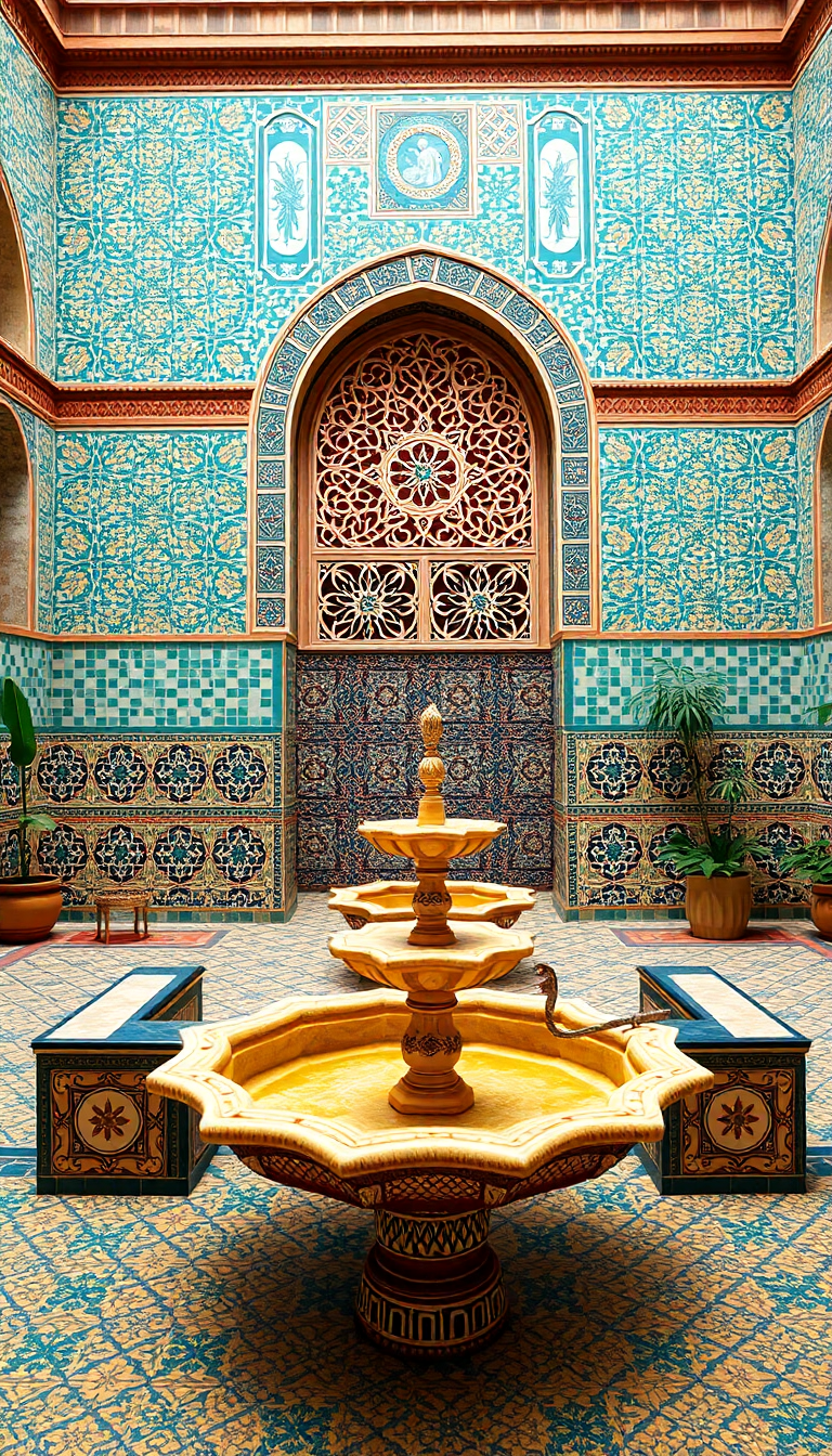 Moroccan Courtyard Tiles Fountain Mosaic Photorealistic Wallpaper