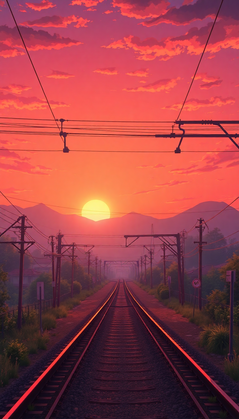 Train Crossing Rural Japan Sunset Anime Wallpaper