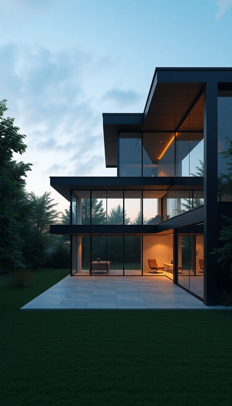 Modern Minimalist House Glass Walls Photorealistic Wallpaper