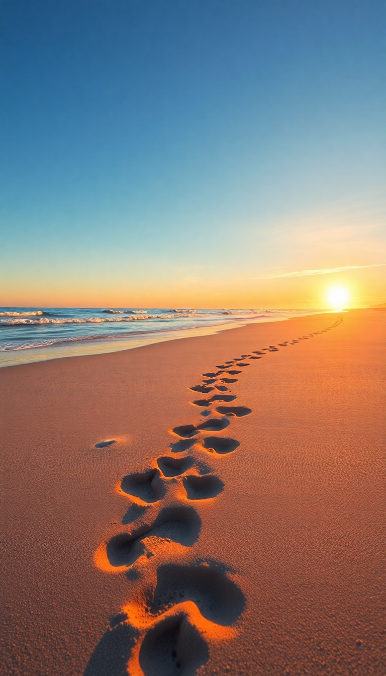 Summer Beach Golden Hour Footprints Photorealistic Wallpaper