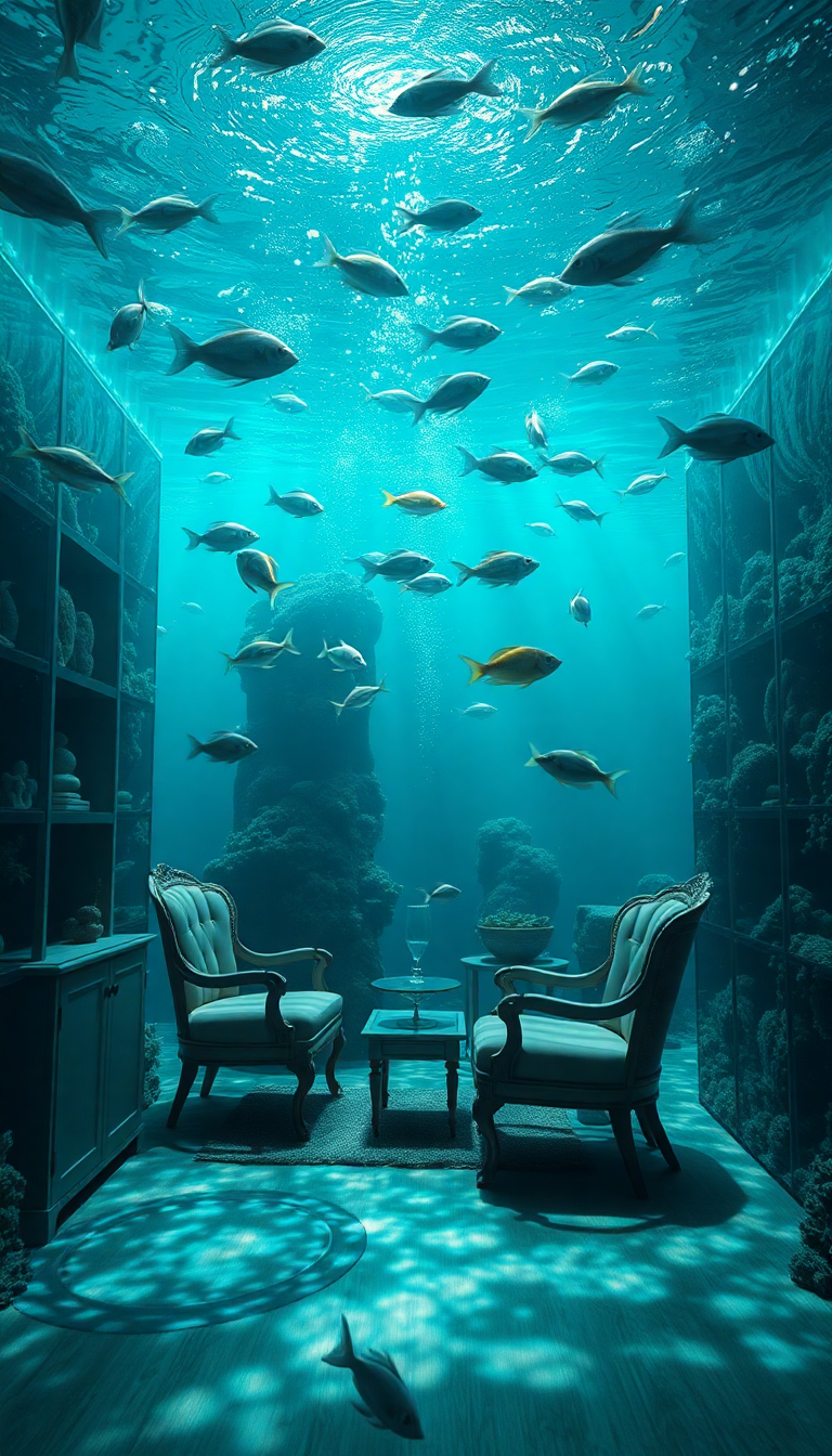 Room Underwater Furniture Floating Fish Digital art Wallpaper