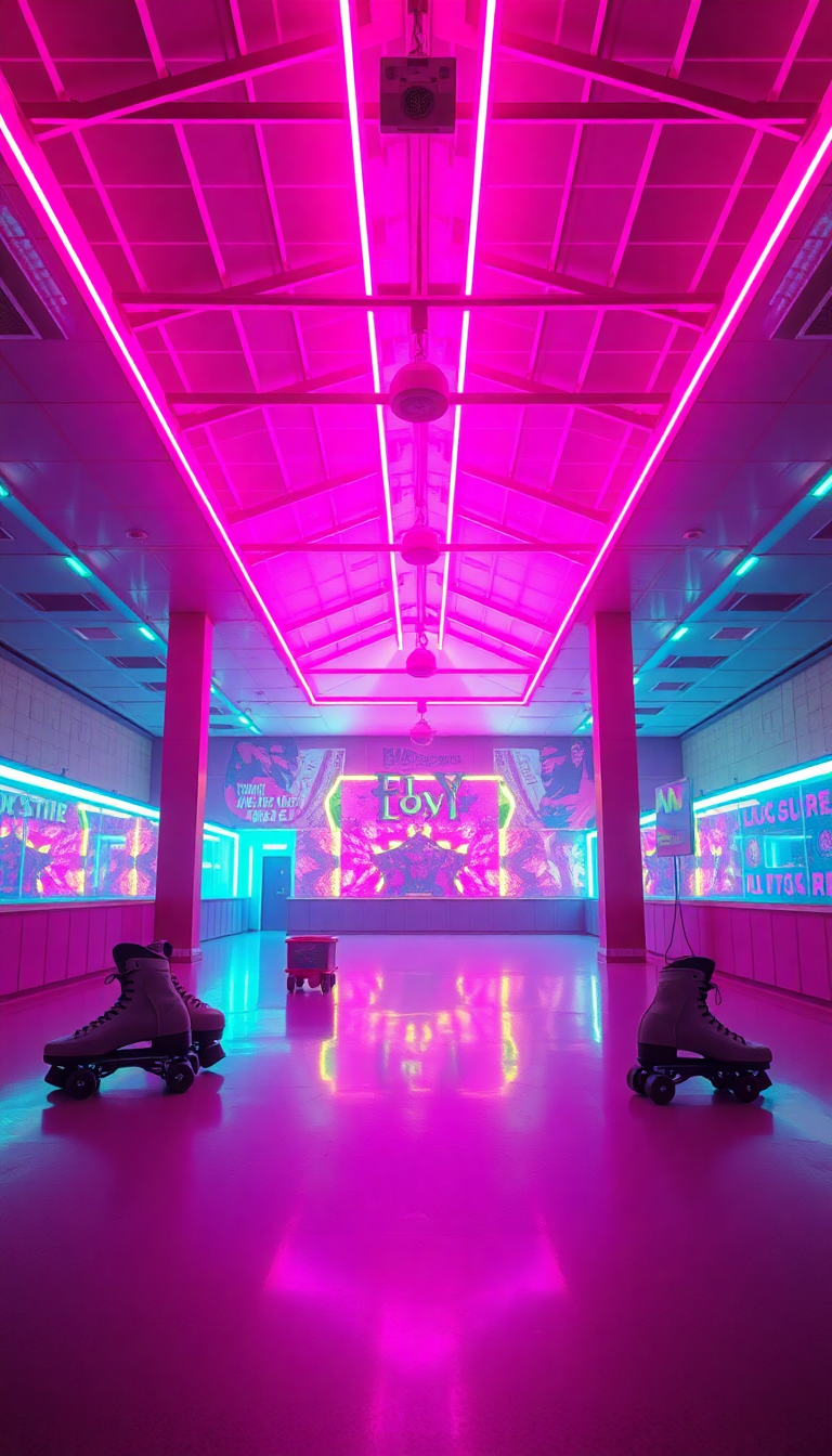 Roller Skating Rink 80s Neon Photorealistic Wallpaper