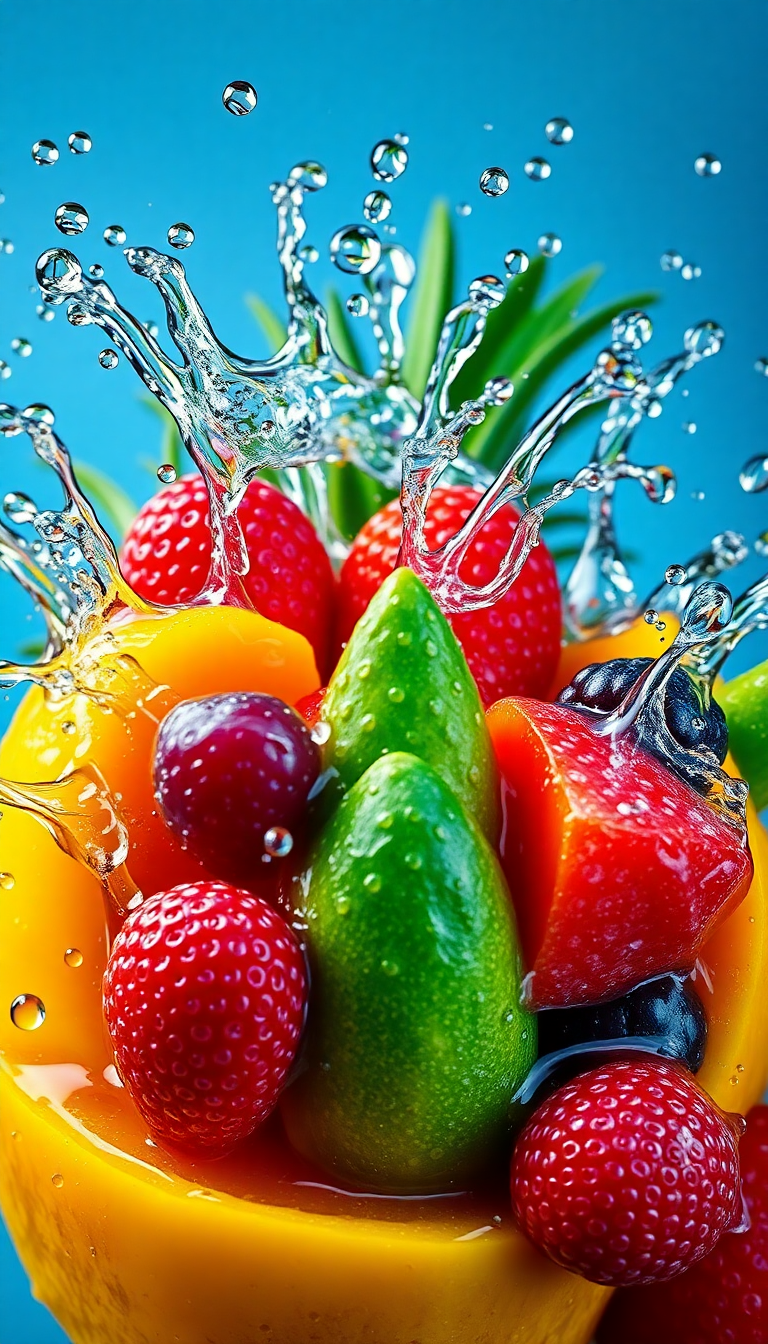 Tropical Fruit Splash Water Droplets Photorealistic Wallpaper