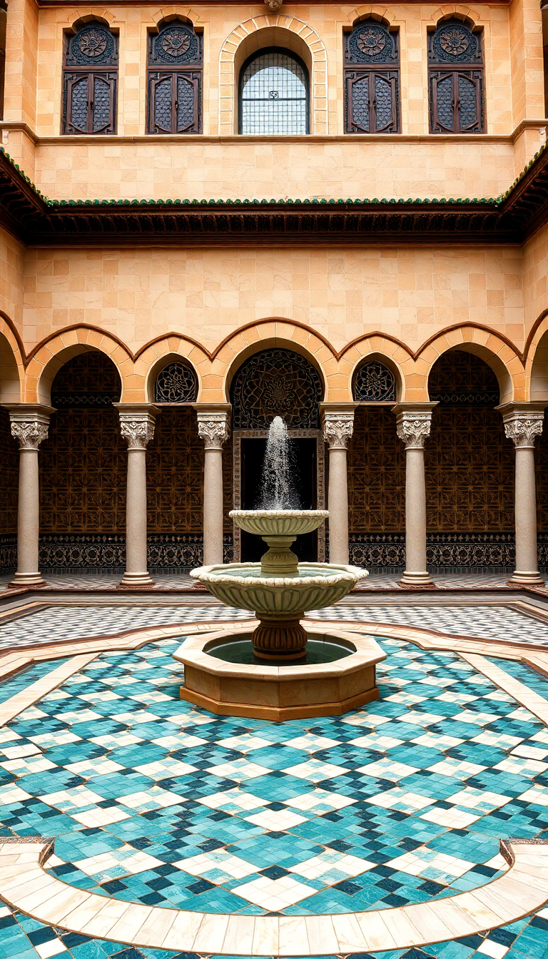 Moroccan Courtyard Tiles Fountain Mosaic Photorealistic Wallpaper