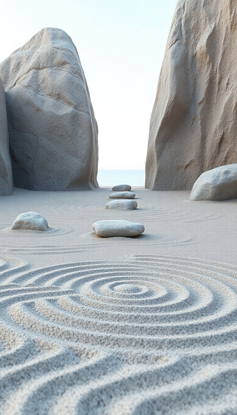 Zen Rock Garden Raked Sand Photorealistic Wallpaper
