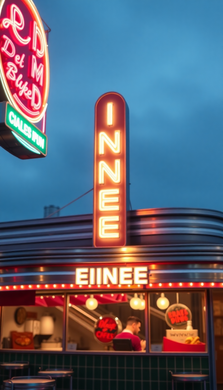 Retro Diner Neon Signs Chrome Photorealistic Wallpaper