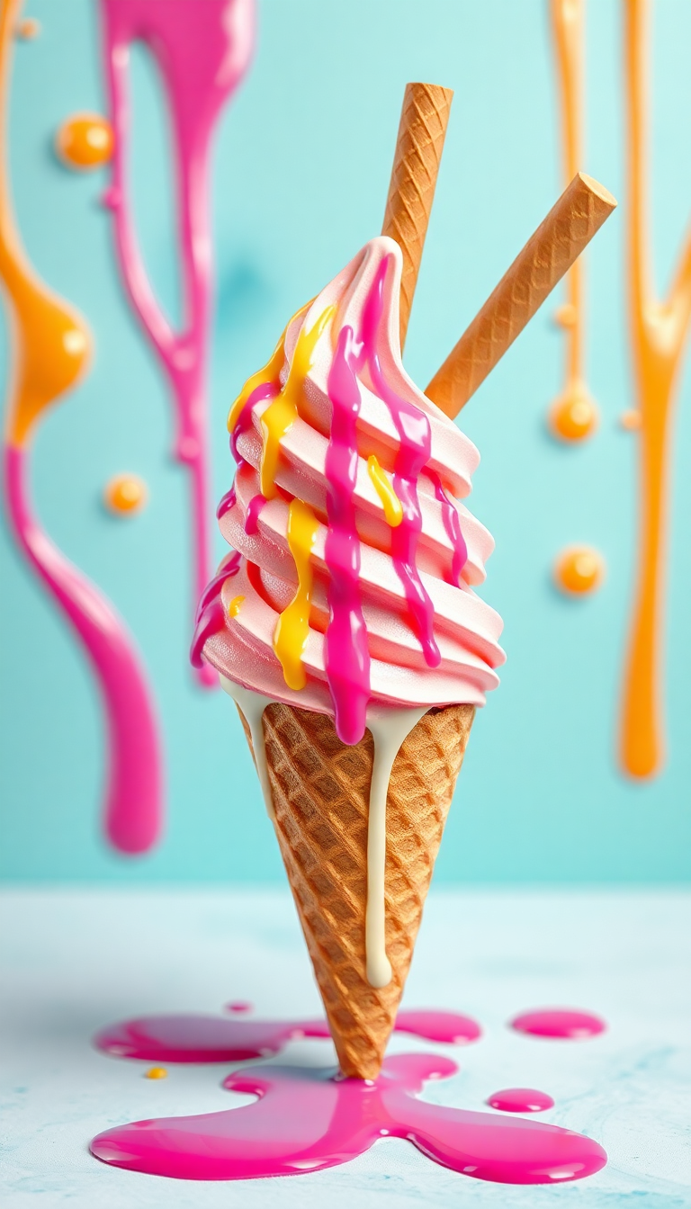 Ice Cream Cone Melting Summer Photorealistic Wallpaper