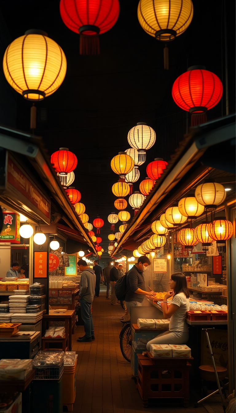 Night Market Street Food Stalls Photorealistic Wallpaper