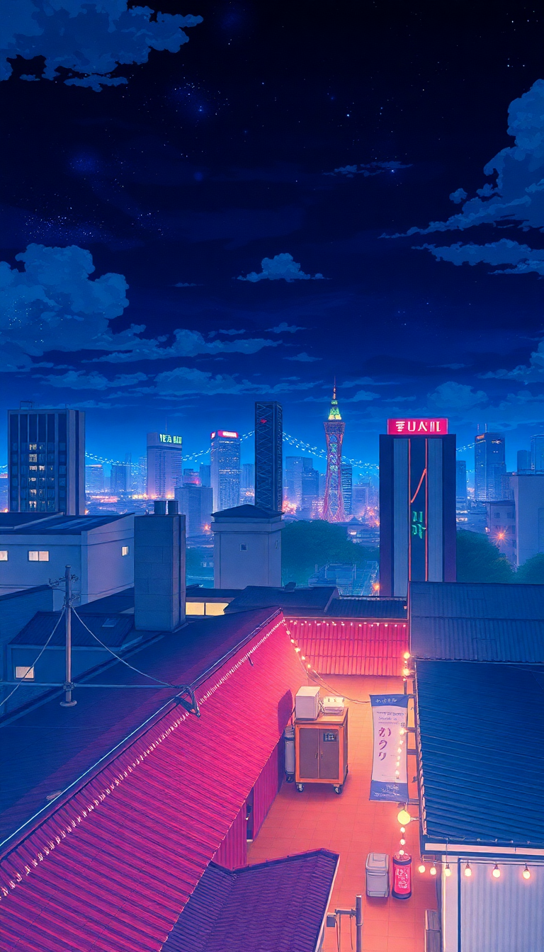 Rooftop At Night City Lights Anime Wallpaper