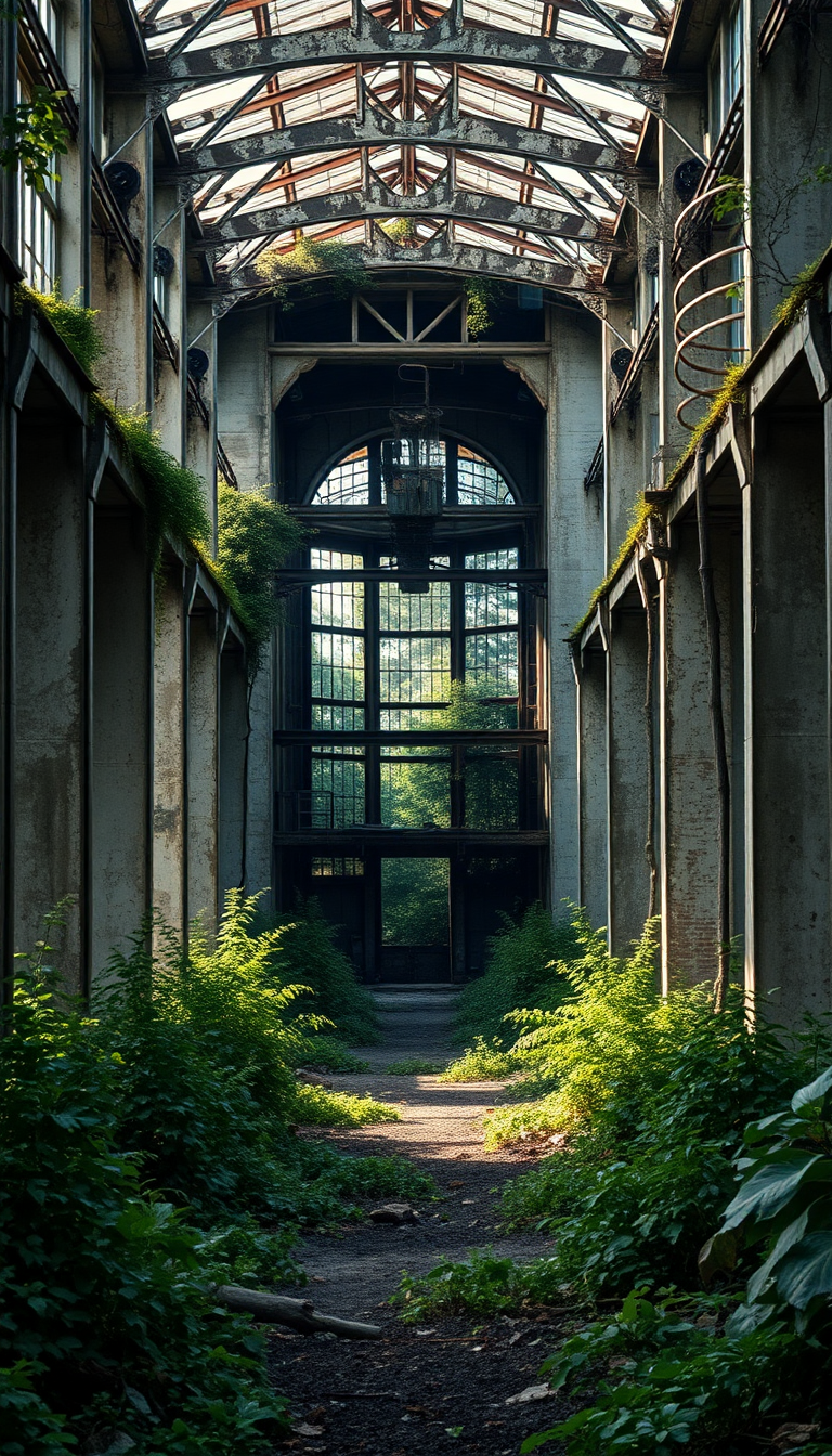 Abandoned Factory Nature Reclaiming Industrial Photorealistic Wallpaper