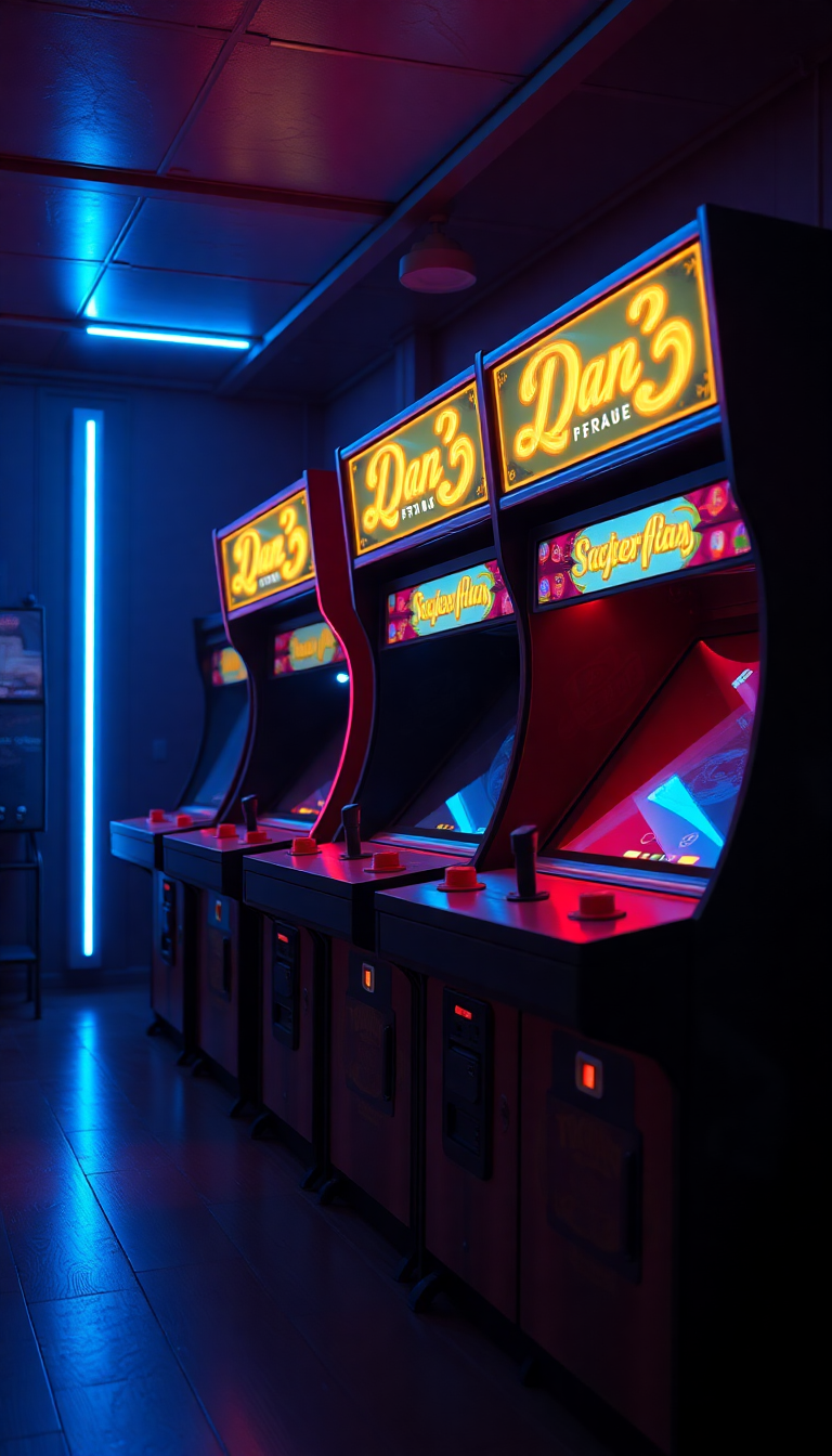 Old Arcade Machines Dark Room Photorealistic Wallpaper