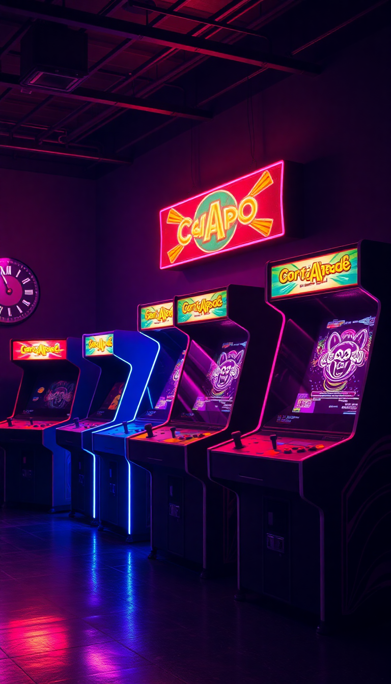 Old Arcade Machines Dark Room Photorealistic Wallpaper