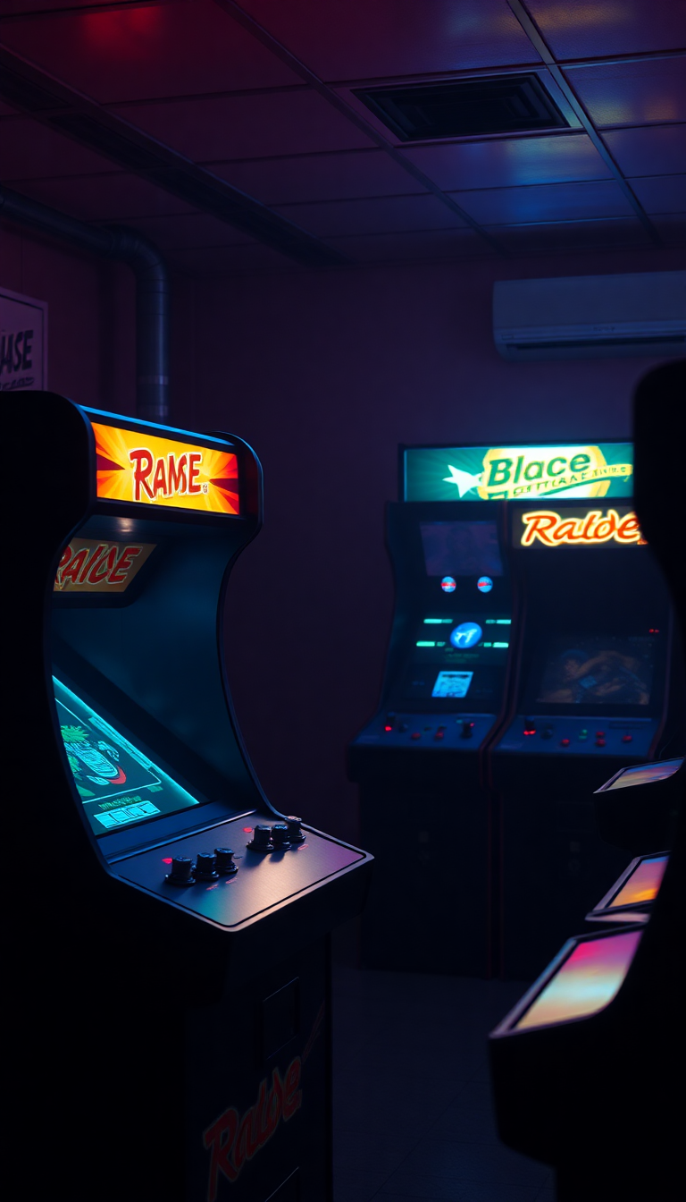 Old Arcade Machines Dark Room Photorealistic Wallpaper