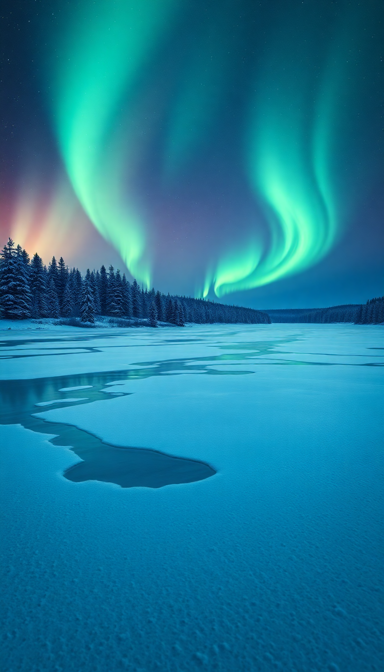Winter Northern Lights Over Frozen Photorealistic Wallpaper