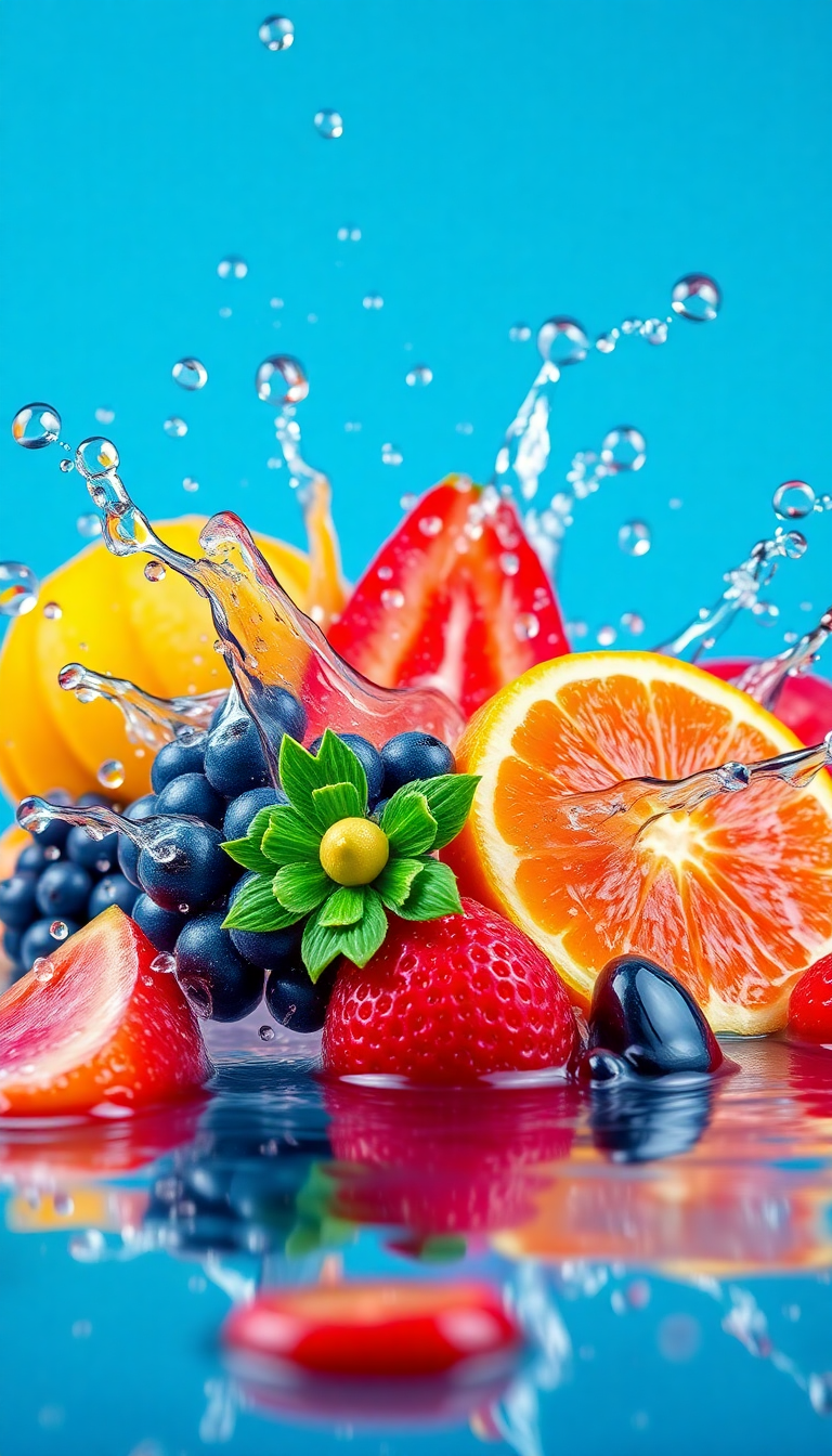 Tropical Fruit Splash Water Droplets Photorealistic Wallpaper