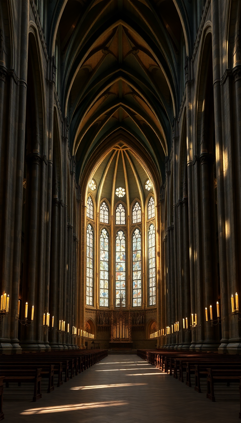 Gothic Cathedral Interior Candlelight Shadows Photorealistic Wallpaper