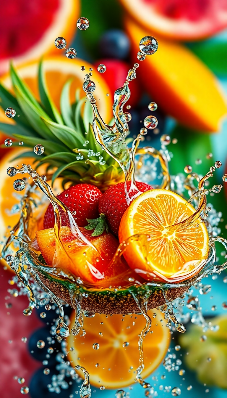 Tropical Fruit Splash Water Droplets Photorealistic Wallpaper