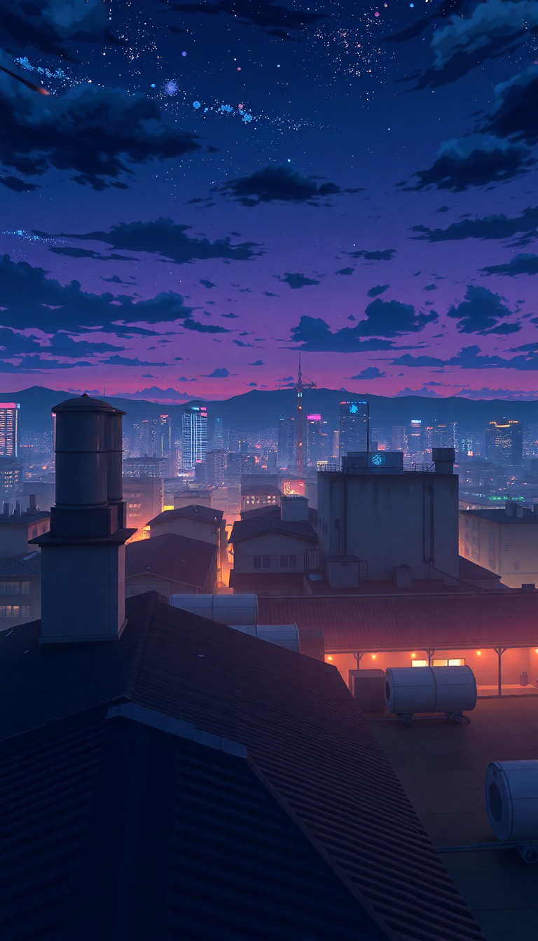 Rooftop At Night City Lights Anime Wallpaper