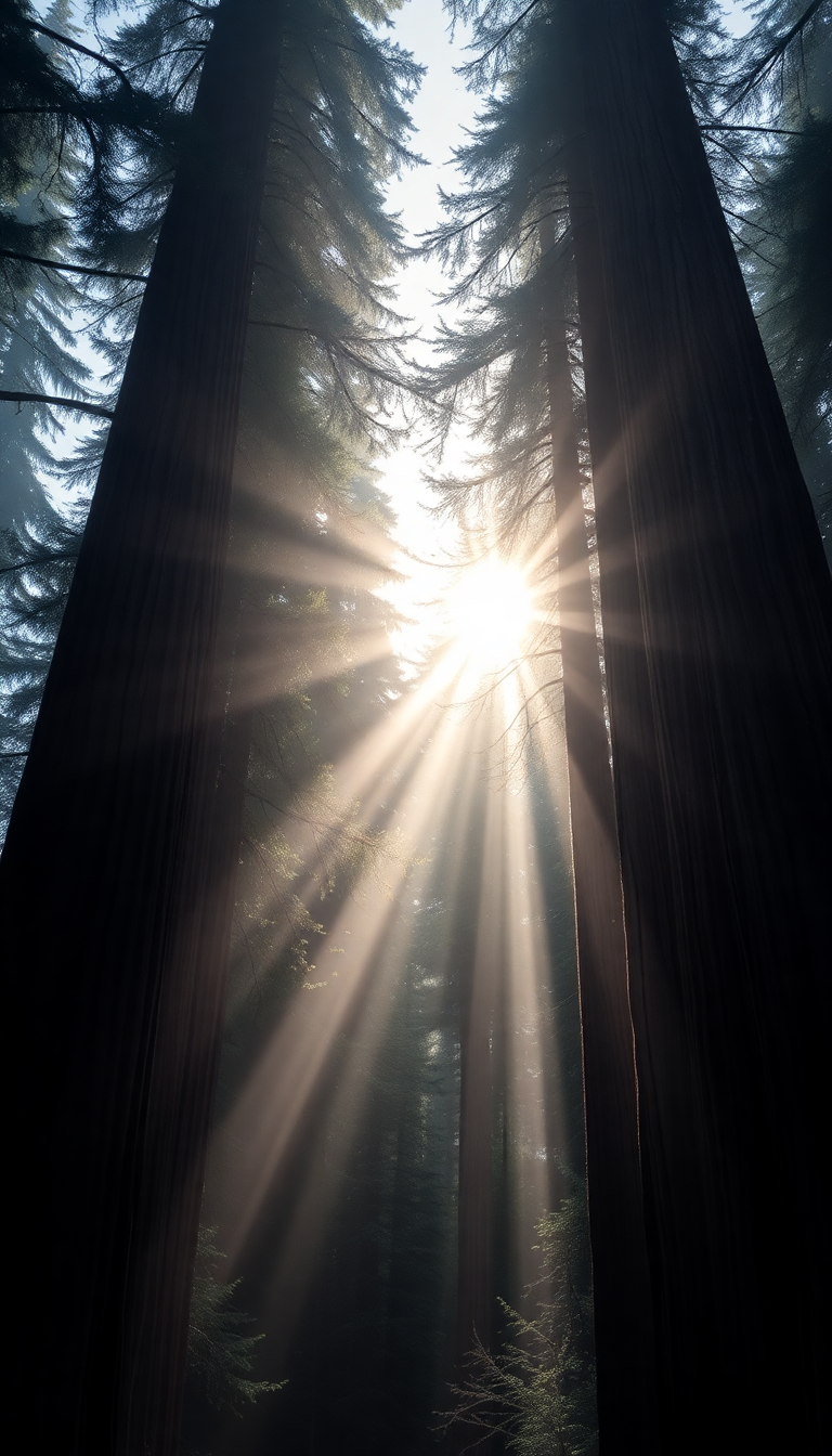 Giant Redwood Trees Morning Fog Photorealistic Wallpaper