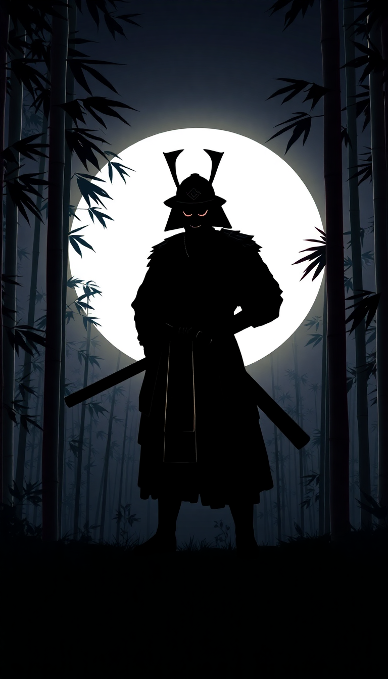 Samurai Silhouette Moonlit Bamboo Forest Digital art Wallpaper