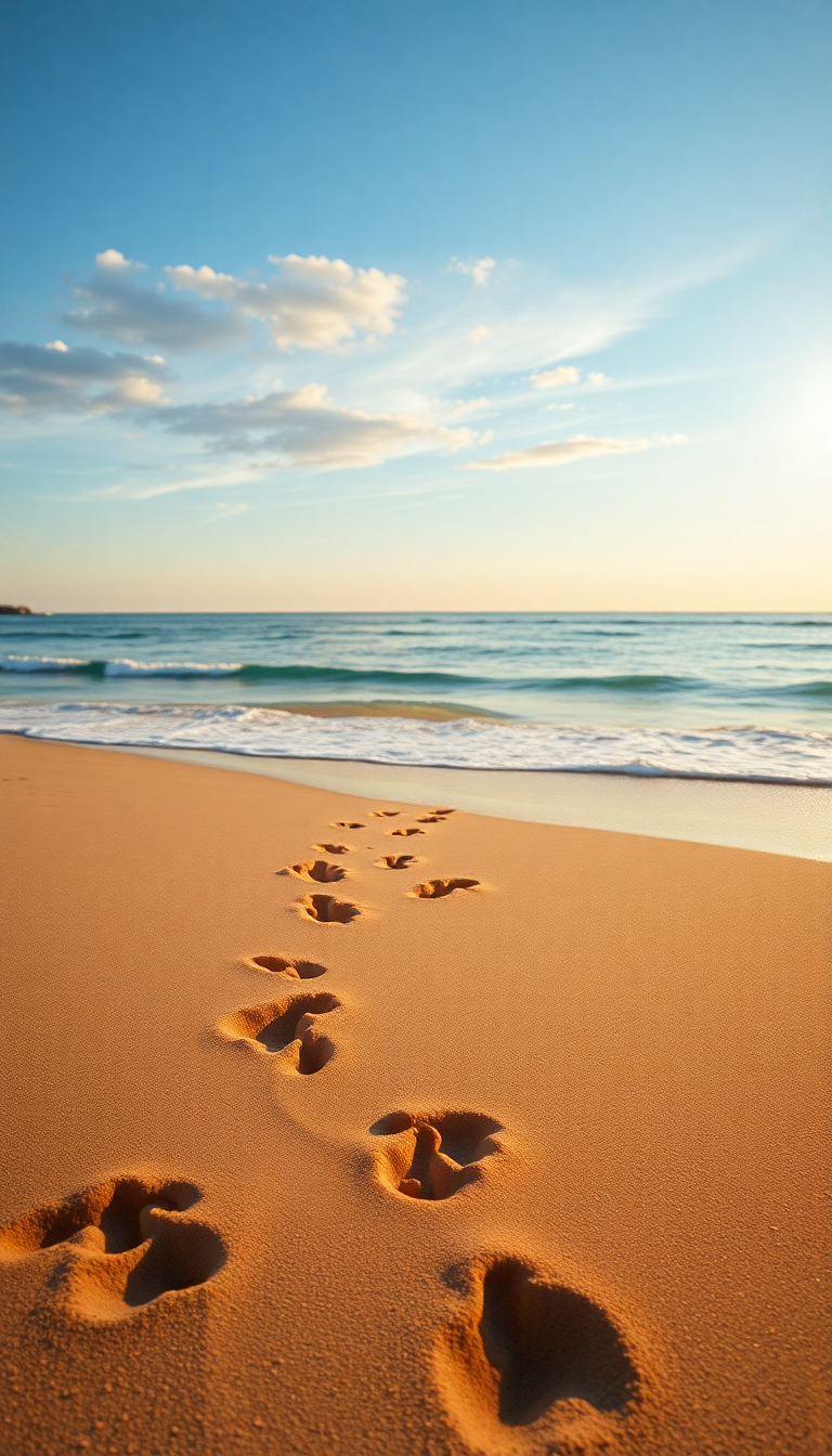 Summer Beach Golden Hour Footprints Photorealistic Wallpaper
