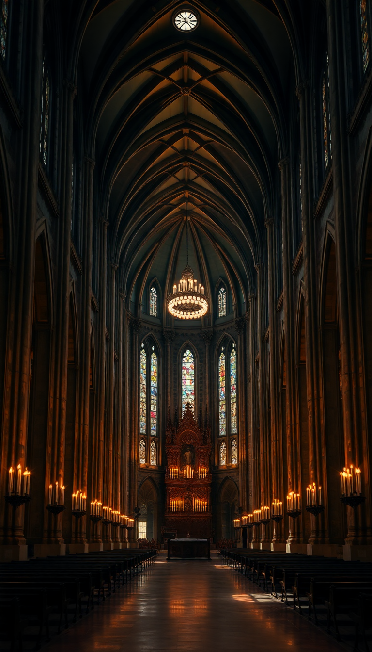 Gothic Cathedral Interior Candlelight Shadows Photorealistic Wallpaper