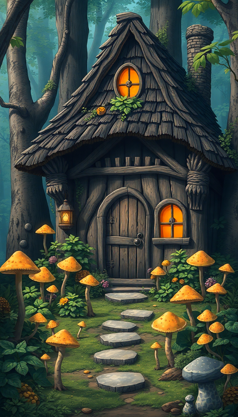 Witch Cottage In Forest Mushrooms Anime Wallpaper