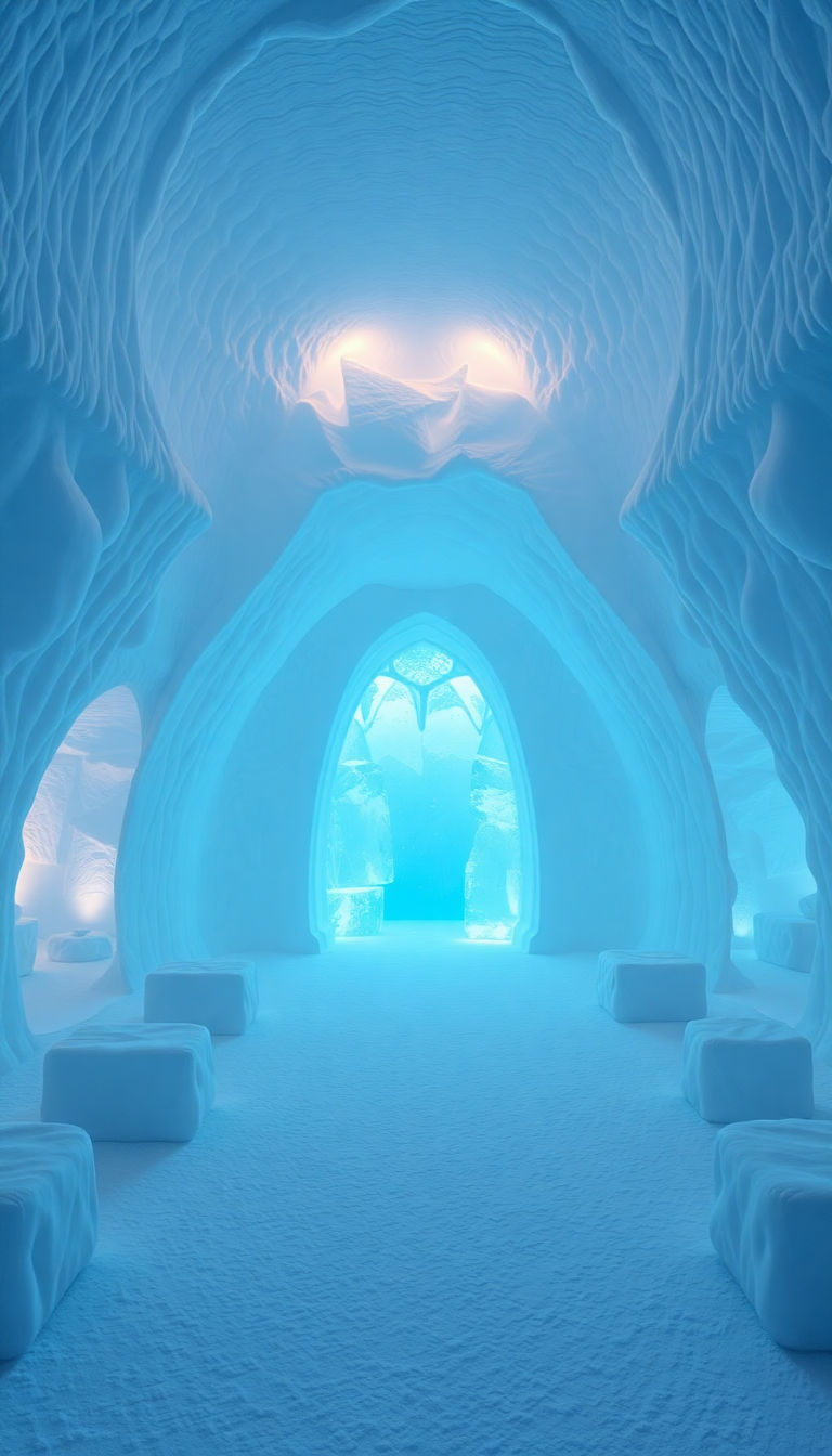 Ice Hotel Interior Frozen Sculptures Photorealistic Wallpaper