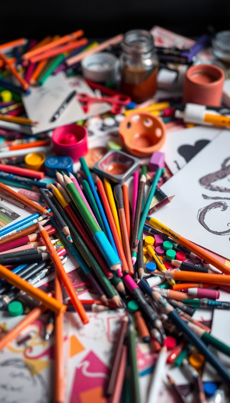 Art Supplies Scattered Creative Mess Photorealistic Wallpaper