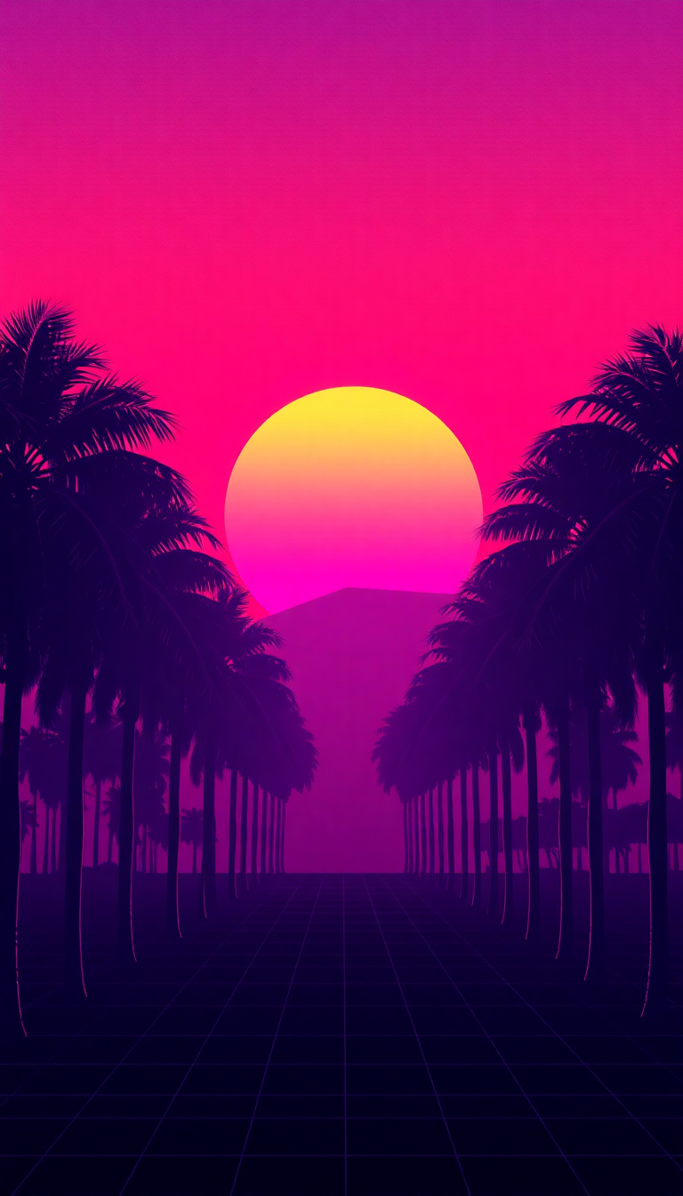 80s Synthwave Grid Sunset Palm Digital art Wallpaper
