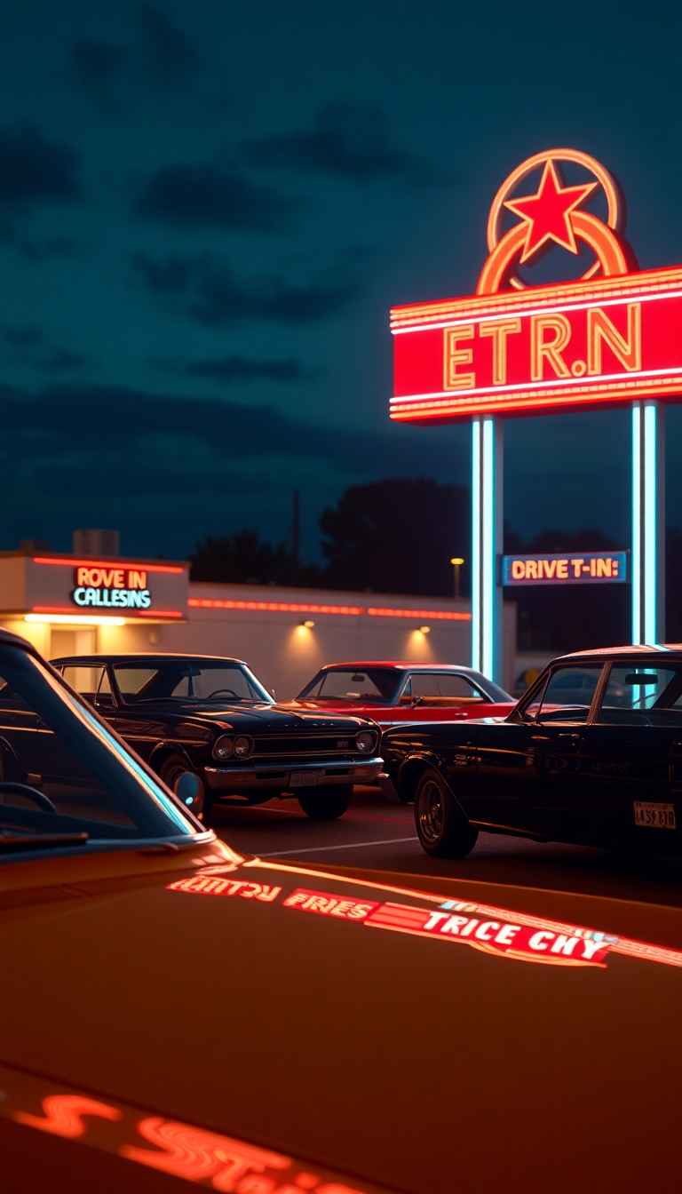 Drive-in Movie Theater Night Classic Photorealistic Wallpaper