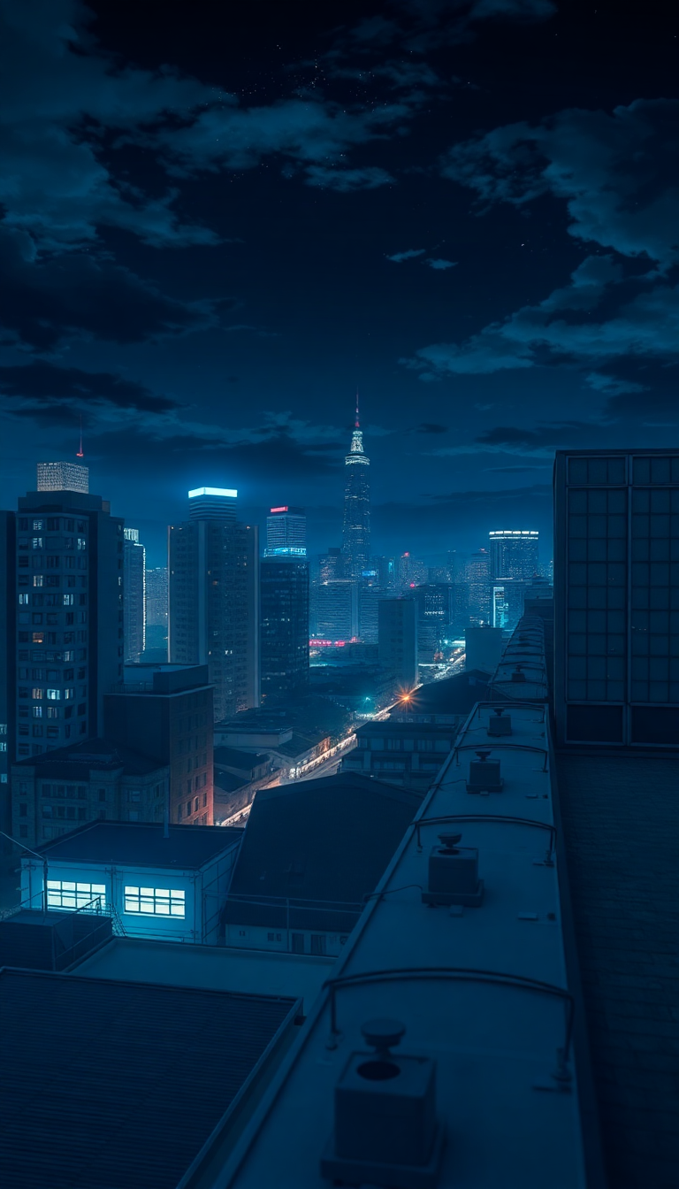 Rooftop At Night City Lights Anime Wallpaper