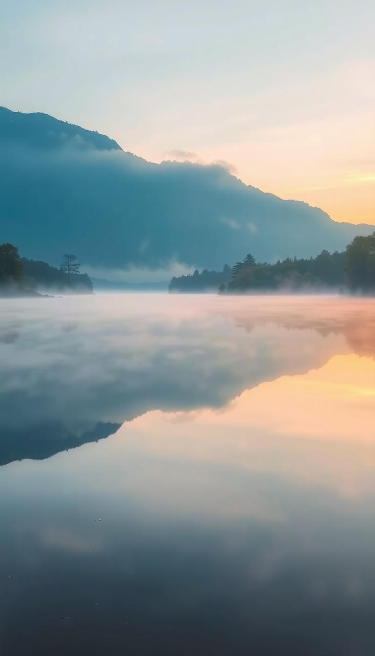 Morning Mist Over Still Lake Photorealistic Wallpaper
