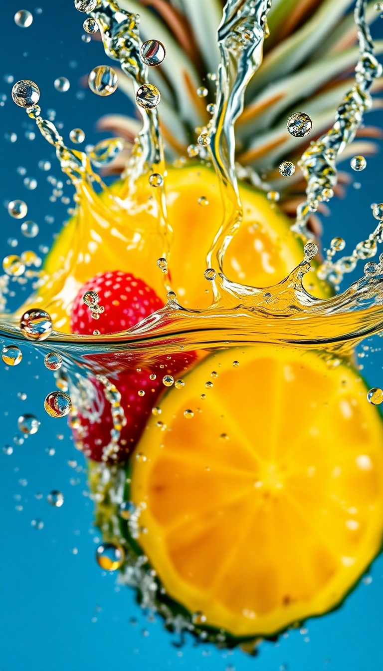 Tropical Fruit Splash Water Droplets Photorealistic Wallpaper