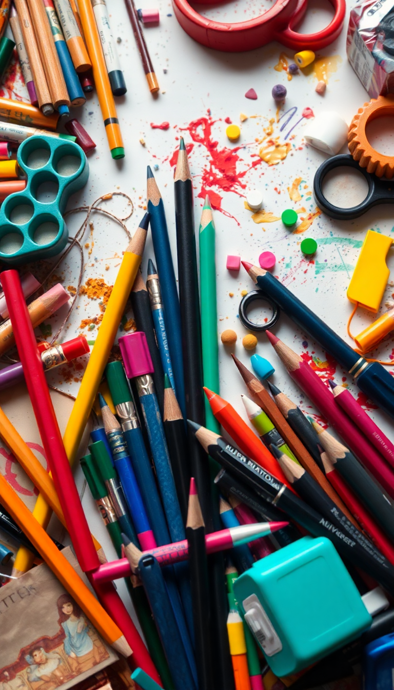 Art Supplies Scattered Creative Mess Photorealistic Wallpaper