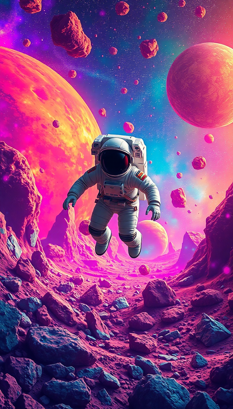 Astronaut Floating Through Colorful Asteroid Digital art Wallpaper