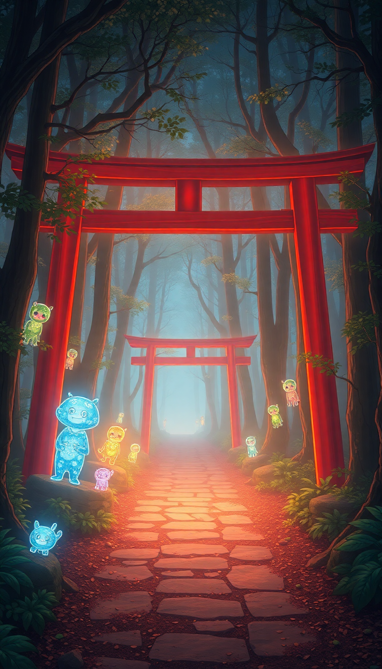 Spirit Forest Glowing Creatures Torii Anime Wallpaper