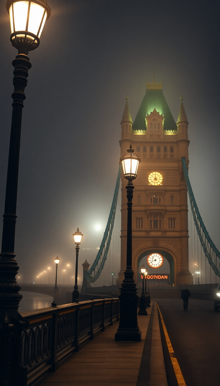 Foggy London Bridge Vintage Lampposts Photorealistic Wallpaper