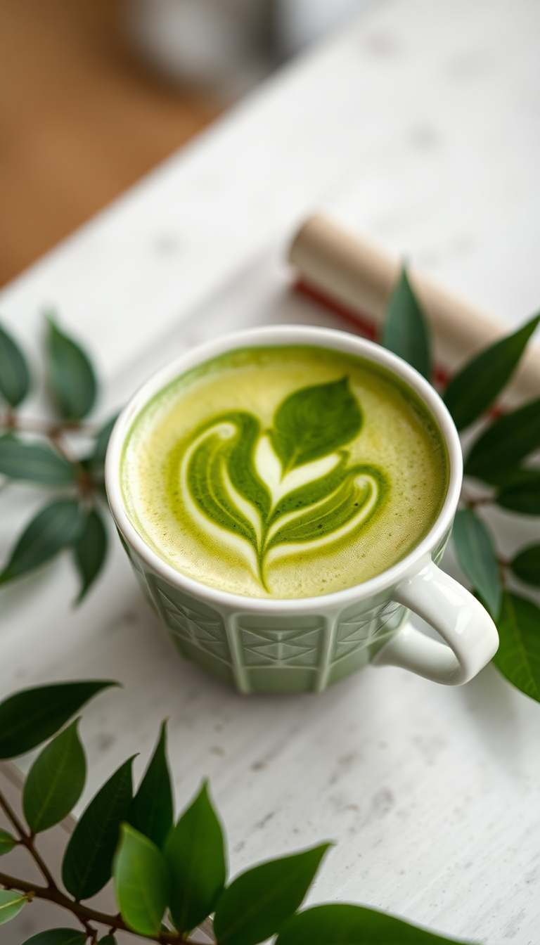 Matcha Latte Art Leaf Pattern Photorealistic Wallpaper