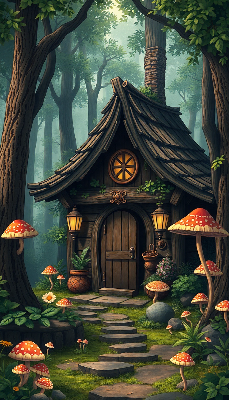 Witch Cottage In Forest Mushrooms Anime Wallpaper