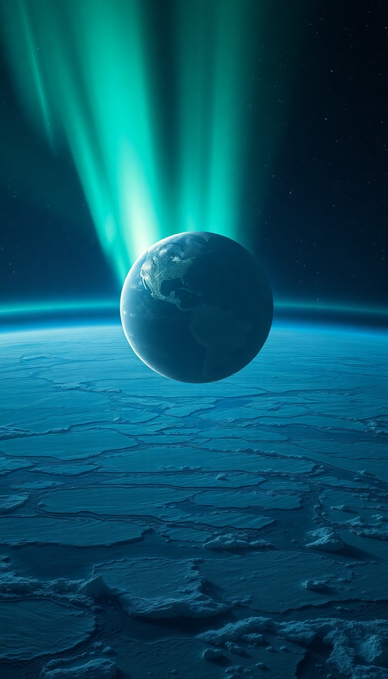 Lonely Satellite Orbiting Ice Planet Photorealistic Wallpaper