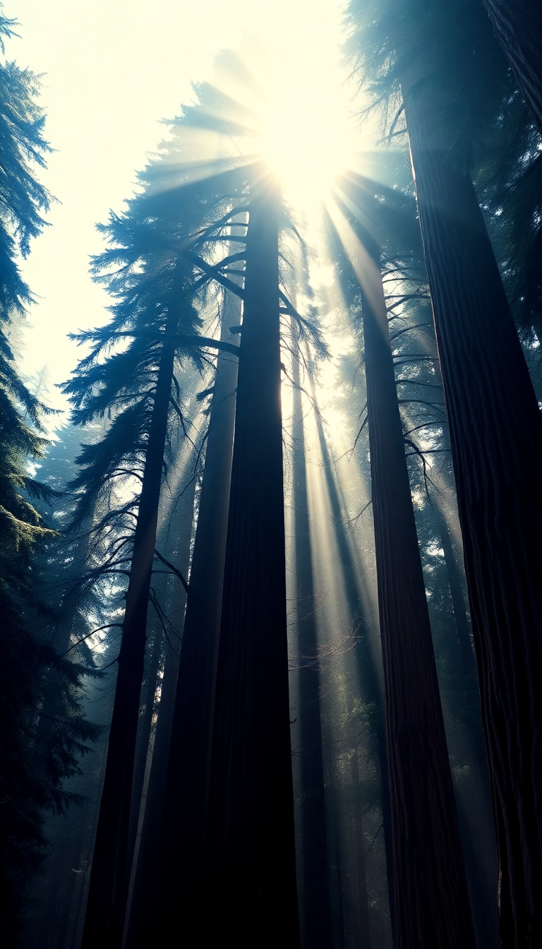 Giant Redwood Trees Morning Fog Photorealistic Wallpaper